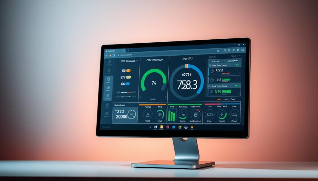 A sleek, minimalist computer monitor displaying a detailed CPU temperature readout, with a clean and modern user interface. The display shows real-time temperature data, color-coded to indicate normal, elevated, and critical levels. The interface is crisp and legible, with clear indicators and intuitive controls. The monitor is set against a neutral, slightly blurred background, allowing the temperature information to be the focal point. Subtle lighting casts a soft glow, creating a sense of depth and sophistication. The overall impression is one of precision, functionality, and a professional, technical aesthetic.
