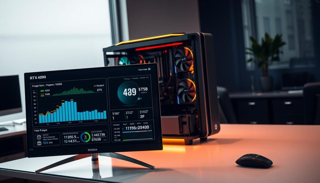 A sleek, minimalist desktop setup showcasing a powerful gaming PC with the latest NVIDIA RTX 4090 GPU. The rig is placed on a modern, glass-topped desk, bathed in warm, directional lighting that highlights the intricate heatsinks and fans of the high-end CPU. In the foreground, various performance metrics and system specifications are displayed on a crisp, high-resolution monitor, providing a clear visualization of the hardware's capabilities. The background is a subtle, blurred office environment, emphasizing the importance of the RTX 4090 and its CPU requirements for smooth, high-fidelity gaming experiences.