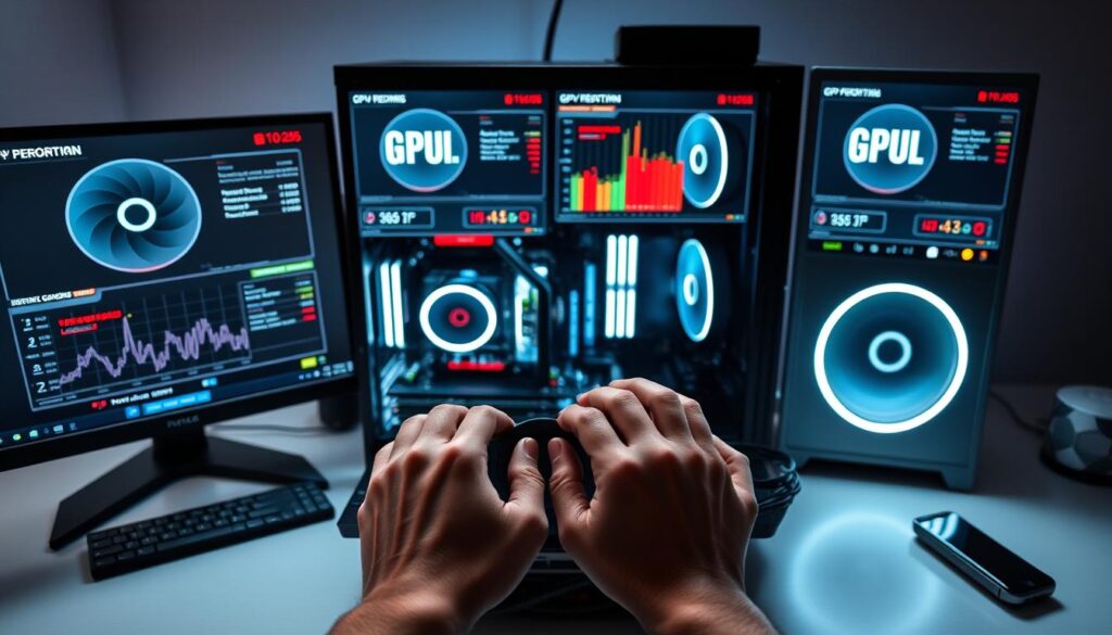 A sleek, minimalist desktop setup with a high-end gaming PC, multiple monitors displaying GPU performance metrics, and a hands-on user inspecting the hardware details. Soft, directional lighting illuminates the scene, creating depth and emphasizing the technical elements. The composition features a balanced, symmetrical layout with the user's hands and the computer's internal components as the focal points. The overall mood is one of focused, professional analysis, conveying the process of thoroughly examining a GPU's memory and specifications.