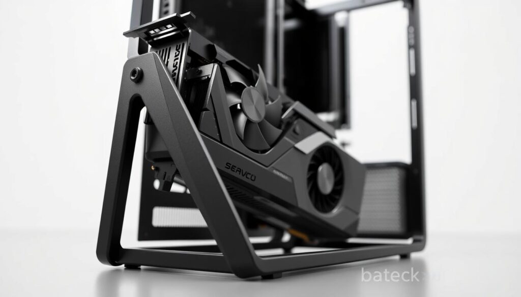 A sleek, minimalist vertical GPU mounting solution with a sturdy, angled metal frame. The GPU is securely positioned at a 90-degree angle, eliminating sag and showcasing its intricate design. The frame is finished in a matte black hue, complementing the GPU's sophisticated aesthetic. Precise engineering ensures stable, vibration-free operation, even during intense gaming sessions. Strategically placed ventilation slots allow for efficient heat dissipation, maintaining optimal GPU performance. The setup is captured in a well-lit, high-contrast environment, accentuating the clean lines and mechanical precision of the mounting solution.