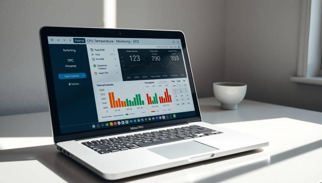 A sleek, modern Apple Macbook Pro on a minimalist desk, its screen displaying a comprehensive CPU temperature monitoring application. The application's interface showcases real-time temperature readings, fan speeds, and thermal thresholds, all presented in a clean, intuitive layout. Soft, directional lighting illuminates the scene, highlighting the device's aluminum unibody and creating subtle shadows that add depth and dimension. The overall tone is one of efficiency and precision, reflecting the meticulous monitoring of the Mac's thermal performance.