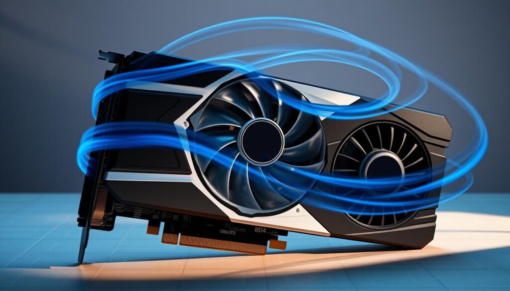 A sleek, modern computer GPU with an intricately designed fan system. The fan blades spin gracefully, generating a swirling pattern of airflow that cools the GPU's surface. The airflow is visualized as translucent blue wisps, conveying the efficient thermal management. The GPU is set against a minimalist, techno-inspired background with subtle grid patterns and muted tones, emphasizing the engineering focus. Dramatic side lighting casts dramatic shadows, highlighting the fan's intricate structure and the GPU's angular design. The overall impression is one of sophisticated cooling optimization, perfectly suited to illustrate the "Enhancing Cooling with Improved Airflow and Fan Adjustments" section.