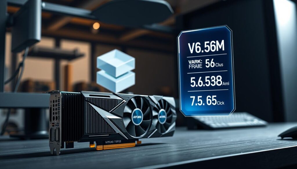 A sleek, modern computer desk with a high-end graphics card prominently displayed in the foreground. The card's intricate heatsink and fan design are highlighted, showcasing its technical prowess. In the middle ground, a 3D model of the card's key specifications, such as VRAM capacity, clock speed, and number of cores, floats in a holographic display. The background features a blurred, industrial-style environment, conveying a sense of power and technological advancement. Soft, directional lighting from the side casts shadows and highlights the card's angles and details, creating a striking, professional visual.