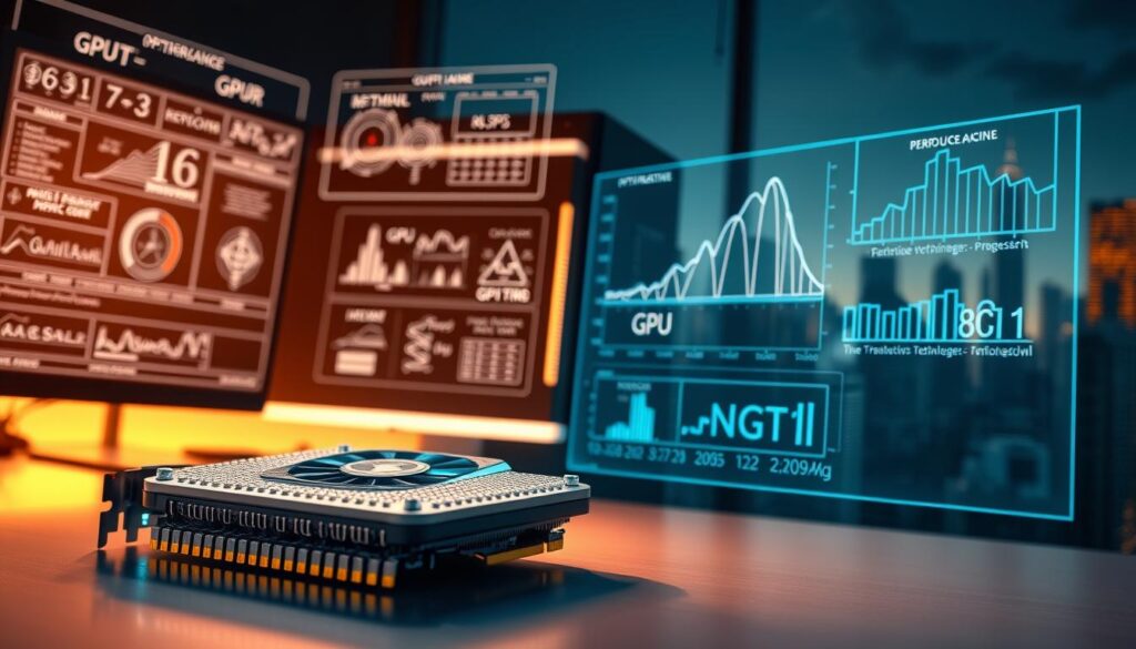 A sleek, modern computer workstation with a powerful GPU at the center, surrounded by technical diagrams and graphs illustrating various GPU optimization techniques. The workstation is bathed in a warm, focused lighting, creating a professional and technical atmosphere. In the foreground, a 3D-rendered model of a GPU chip is prominently displayed, showcasing its intricate architecture. The middle ground features a holographic display projecting performance metrics and optimization strategies, while the background depicts a cityscape of skyscrapers, hinting at the broader applications of GPU optimization in technology and industry.