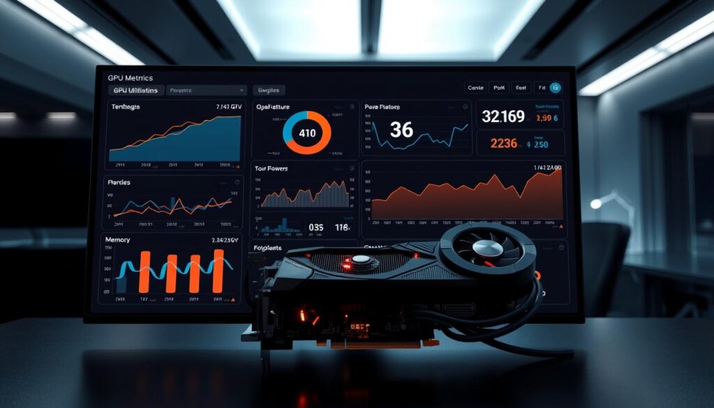 A sleek, modern data analytics dashboard displaying real-time GPU metrics on a high-resolution display. The foreground features a series of interactive charts and graphs, conveying key performance indicators such as GPU utilization, temperature, power consumption, and memory usage. The middle ground showcases a detailed 3D model of the GPU hardware, with glowing components and elegant cable management. The background depicts a dimly lit, minimalist office environment, with strategic lighting highlighting the dashboard and creating a focused, technical atmosphere. The overall impression is one of deep analysis and optimization, empowering the user to understand and enhance their graphics capabilities.