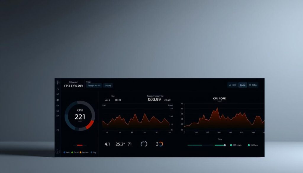 A sleek, modern desktop application with a clean, intuitive interface displaying real-time CPU temperature data. The foreground showcases an elegant dashboard with precise numerical readouts, color-coded indicators, and dynamic graphs tracking CPU core temperatures over time. The middle ground features a sidebar with configuration options and system settings. The background subtly evokes a minimalist, tech-inspired ambiance with muted gradients and subtle textures, creating a professional, high-fidelity visual experience.