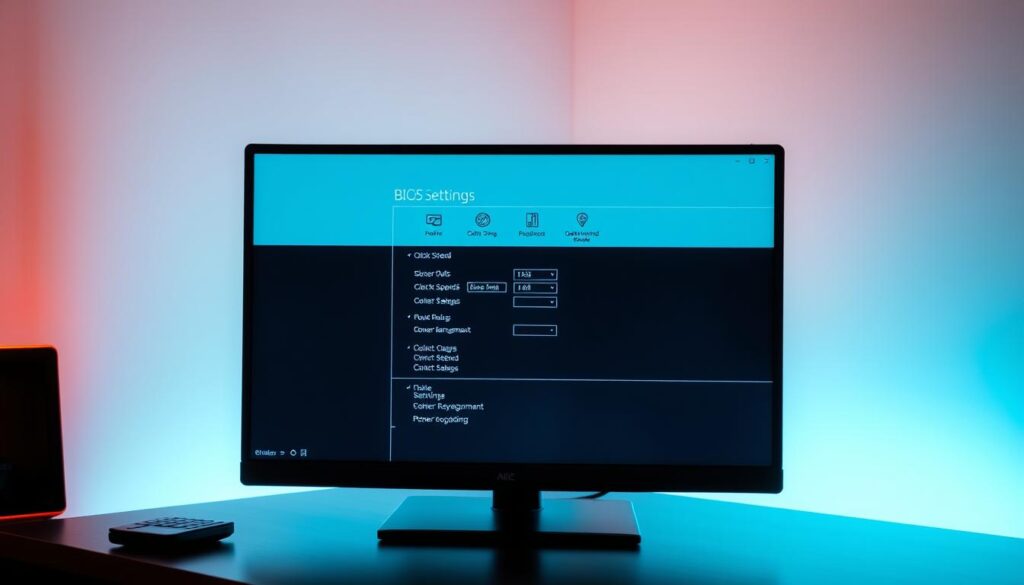 A sleek, modern desktop computer displayed on a minimalist desk, with the focus on the advanced BIOS settings screen of a high-end discrete GPU. The screen showcases a clean, intuitive interface with various configuration options, such as clock speeds, power management, and overclocking settings. The lighting is crisp and uniform, casting a subtle glow on the hardware, creating a professional, technical atmosphere. The camera angle is slightly elevated, providing a clear, unobstructed view of the BIOS settings, emphasizing the level of control and customization available to the user.