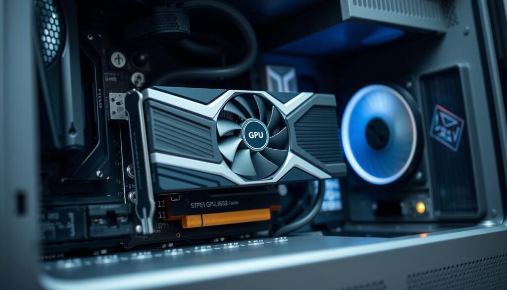 A sleek, modern desktop computer showcasing its internal components, with a focus on the GPU. The GPU is prominently displayed, its model number and technical specifications clearly visible. The image has a clean, minimalist aesthetic, with a slightly muted color palette and crisp, high-resolution details. The lighting is soft and diffused, highlighting the intricate design of the GPU and its heatsink. The camera angle is slightly elevated, providing a clear view of the GPU and surrounding components. The overall impression is one of technological sophistication and attention to detail.
