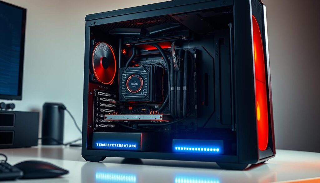A sleek, modern desktop computer with an open case, revealing the intricate inner workings of the CPU. The CPU's heat sink and fan assembly are prominently displayed, with a digital temperature readout clearly visible on the screen. The lighting is warm and focused, casting dramatic shadows and highlights on the components. The background is a clean, minimalist workspace, emphasizing the technical nature of the scene. The overall mood is one of precision, problem-solving, and the relentless pursuit of optimal performance.