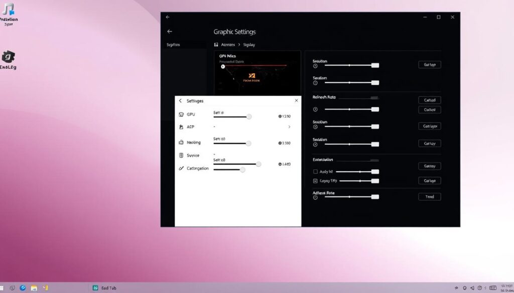 A sleek, modern desktop interface with a focus on a configuration panel for graphics settings. The foreground showcases an open window with various sliders, dropdown menus, and toggles for adjusting GPU, resolution, refresh rate, and other advanced display options. The background features a subtle gradient or blurred representation of a 3D scene, hinting at the visual impact of these settings. Soft, directional lighting creates depth and highlights the key elements. The overall atmosphere is one of precision, control, and the ability to fine-tune the graphics experience.