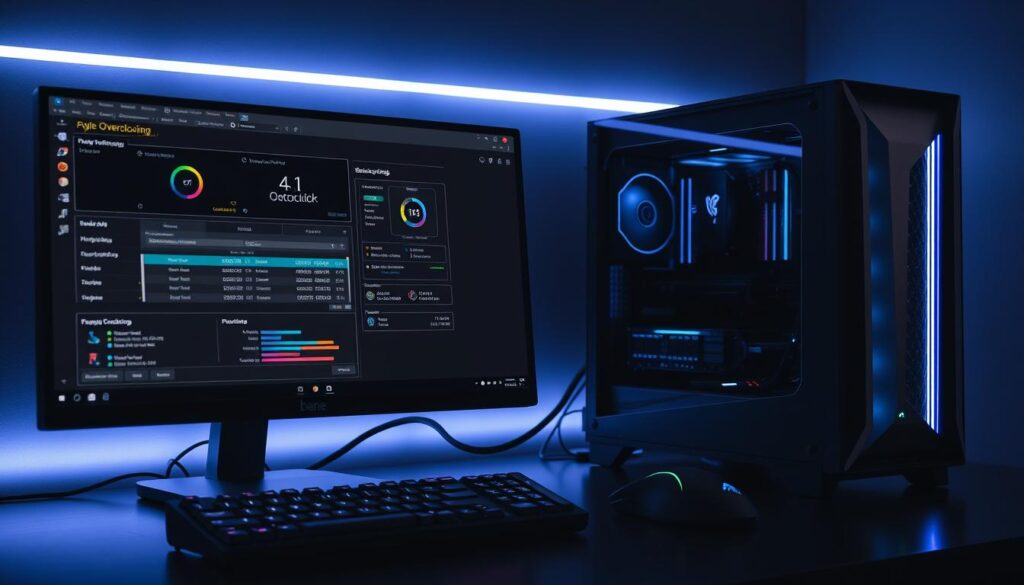 A sleek, modern desktop setup showcasing various GPU overclocking software tools. In the foreground, a high-resolution display prominently features an intuitive, well-designed user interface for a popular overclocking utility. Surrounding the display are precisely arranged gaming peripherals, including a mechanical keyboard and a high-DPI mouse. In the middle ground, a powerful gaming PC tower with a transparent side panel reveals its internal components, including a state-of-the-art graphics card with customized cooling solutions. The background is dimly lit, creating a focused, technical atmosphere, with subtle ambient lighting accentuating the clean, minimalist aesthetic.