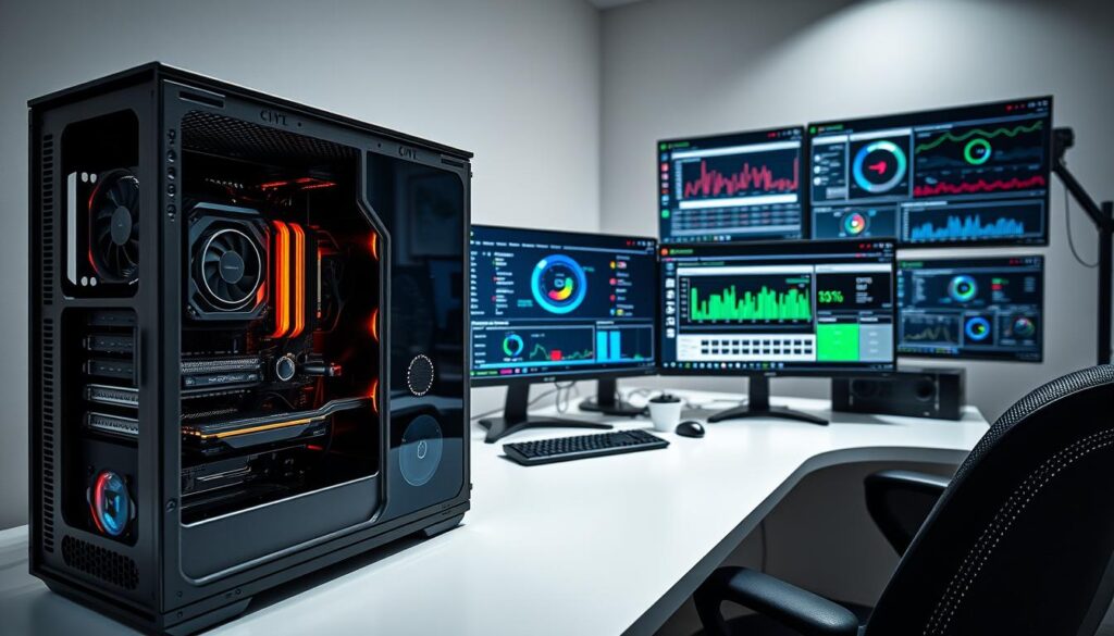 A sleek, modern desktop setup with a high-performance gaming PC on a clean, minimalist workspace. The foreground features an open case revealing the inner components - a powerful CPU and GPU, with heat sinks and fans visible. The middle ground shows various performance monitoring tools and benchmarking software running on multiple displays, displaying real-time metrics and charts. The background depicts a minimalist office environment with subdued lighting, providing a professional and technical atmosphere. The overall scene conveys a sense of sophisticated hardware analysis and optimization for maximum gaming and productivity performance.