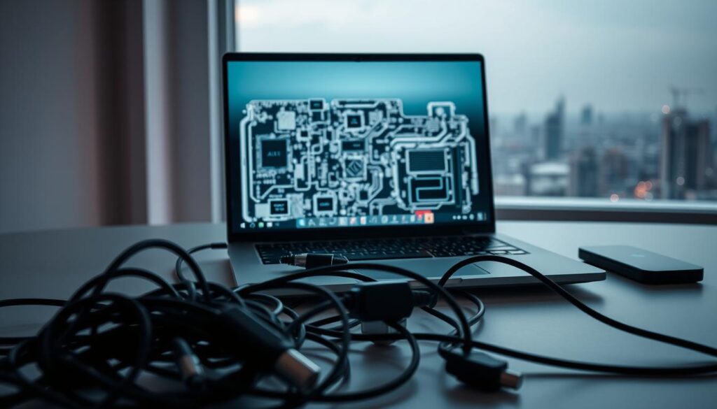 A sleek, modern laptop sits on a minimalist desk, its screen displaying a complex array of components and schematics. The room is bathed in a soft, ambient lighting, casting subtle shadows that highlight the laptop's sharp edges and sophisticated design. In the foreground, a tangle of cables and adapters suggests the challenges of upgrading the laptop's graphics processing unit (GPU), a critical component for demanding tasks like gaming and video editing. The background features a subtle, hazy cityscape, hinting at the broader technological landscape and the importance of compatibility in a rapidly evolving digital world.