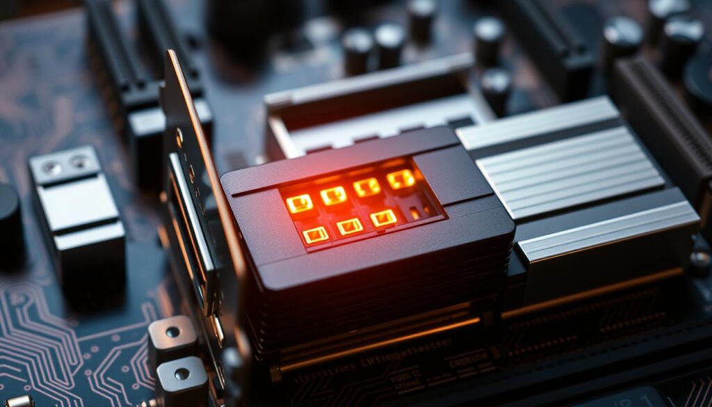 A sleek, modern motherboard with a prominent PCIe x16 slot prominently displayed, illuminated by warm, directional lighting. The slot's gold-plated contacts and sturdy construction convey a sense of power and reliability. In the background, a subtle pattern of circuit board traces and other computer components creates a technical, high-tech atmosphere. The image showcases the PCIe x16 slot's key features, highlighting its importance for seamless graphics card integration and maximum performance.