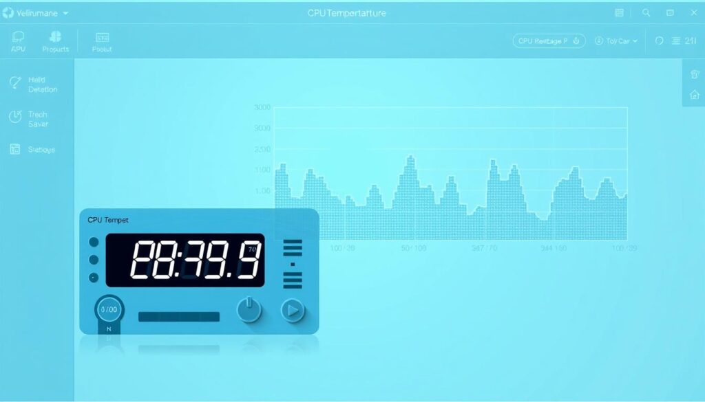 A sleek, modern software interface for real-time CPU temperature monitoring. In the foreground, a clean dashboard displays the current CPU temperature in bold, easy-to-read digits. The interface features a minimalist, high-contrast design with intuitive controls and toggles. The middle ground showcases a detailed graph charting the CPU temperature fluctuations over time, providing a comprehensive overview. In the background, a subtle 3D visualization of a computer processor pulses gently, underscoring the technical nature of the application. The entire scene is bathed in a cool, bluish tone, creating a professional, data-driven atmosphere befitting a powerful system monitoring tool.