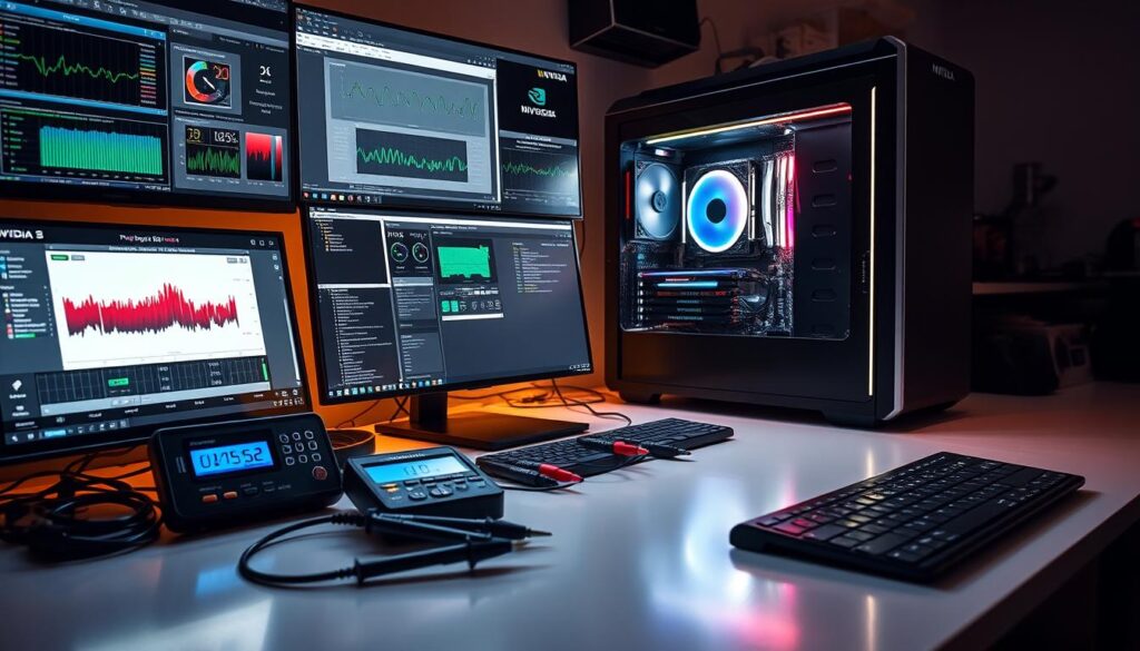 A sleek, well-lit desk setup showcases a high-performance gaming PC with a state-of-the-art NVIDIA GPU. The desktop is adorned with various monitoring tools and benchmarking software, including GPU-Z, Unigine Superposition, and 3DMark. Precision measurement devices, such as a multimeter and thermal probes, are neatly arranged alongside the PC, hinting at the thorough, data-driven approach to overclocking. The lighting casts a warm, professional glow, creating an atmosphere of focused experimentation. Subtle reflections on the desk's surface add depth and a sense of technical sophistication to the scene.