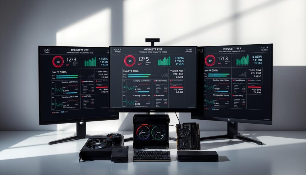 A stylish, minimalist comparison of budget gaming PC performance, showcasing diverse hardware configurations. A sleek, three-monitor setup stands in a well-lit studio, with various PC components artfully arranged in the foreground. Soft, directional lighting from the side casts dramatic shadows, creating depth and a sense of technical sophistication. The display screens present detailed performance metrics, benchmarks, and frame rate comparisons, allowing the viewer to assess the real-world gaming capabilities of these budget-friendly systems. The overall composition strikes a balance between precision data visualization and an elegant, product-focused aesthetic.