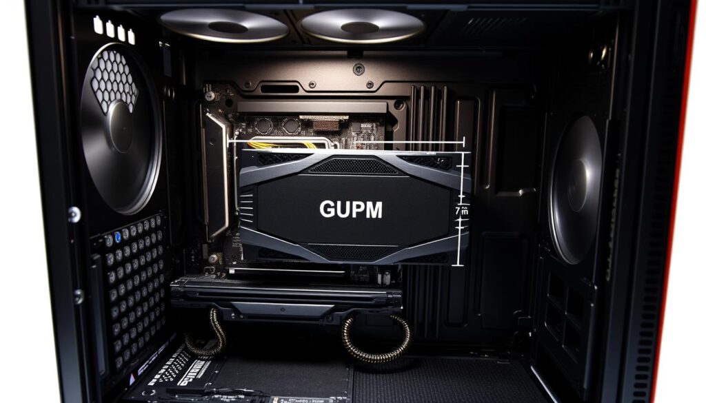 A well-lit, close-up view of the interior of a desktop PC case, showcasing the available space and dimensions for installing a GPU. The case is open, revealing the motherboard, power supply, and other components. The focus is on the GPU slot and the surrounding area, with precise measurements and scale indicators displayed alongside. The lighting is bright and directional, creating clear shadows and highlights to emphasize the depth and volume of the case. The composition is balanced, with the GPU slot positioned centrally, and the overall scene conveys a sense of technical precision and attention to detail.