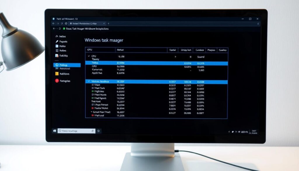 A well-lit desktop computer screen displaying the Windows Task Manager application, with clear visualization of CPU and GPU usage metrics prominently featured. The application interface is crisp and clean, showcasing real-time data on system resource utilization. The scene is captured from a slightly elevated angle, providing a comprehensive view of the monitoring interface. The background is a minimalist, uncluttered workspace, allowing the screen and its contents to be the focal point. The overall atmosphere conveys a sense of productivity and technical analysis, suitable for illustrating a guide on identifying hardware bottlenecks.
