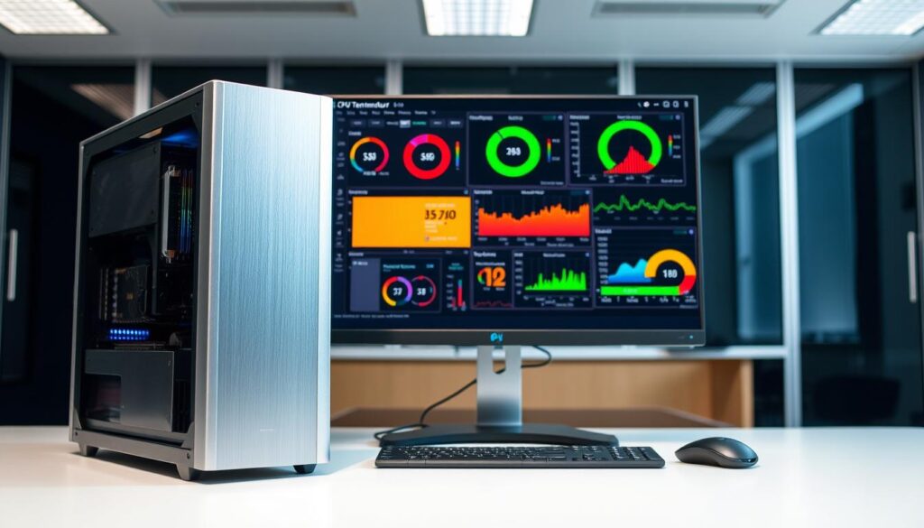 A well-lit desktop setup with multiple CPU temperature monitoring software windows open on a modern computer display. In the foreground, a sleek silver desktop PC tower with its side panel removed, revealing the internal components. In the middle ground, the computer display shows several temperature monitoring dashboards, each displaying real-time CPU temperatures in bold, colorful graphs and charts. The background features a minimalist office environment with a clean, neutral color palette, allowing the technology to take center stage.