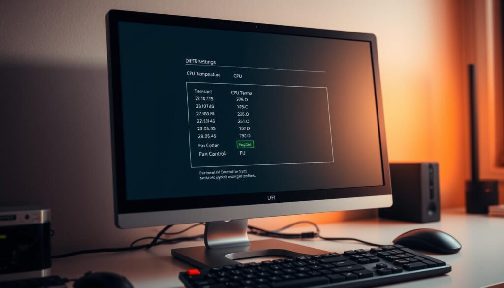 A well-lit, high-resolution, photorealistic desktop computer screen displaying the BIOS/UEFI settings, with a prominent section focused on CPU temperature monitoring. The screen shows a clean, intuitive interface with clearly labeled temperature readings, thermal thresholds, and fan control options. The computer is placed on a neat, organized desk with minimal clutter, bathed in a warm, soft lighting that creates a professional, technical atmosphere. The angle of the shot captures the screen at a slight diagonal, emphasizing the detailed information displayed, while the depth of field keeps the background slightly blurred, directing the viewer's attention to the core subject matter.