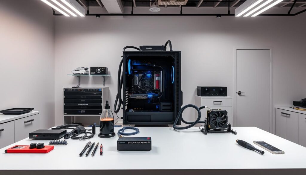 A well-lit, meticulously organized workspace, ideal for a GPU water cooling installation. In the foreground, a sturdy workbench with a sleek, modern design, topped with precision tools and neatly arranged components. Mid-ground showcases an open PC case, its internals exposed, surrounded by cooling tubes, fittings, and a high-performance GPU, all awaiting the skilled touch of the builder. The background features a clean, minimalist environment, with ample lighting from overhead fixtures, casting a warm, focused glow on the scene, creating an atmosphere of focus and professionalism.
