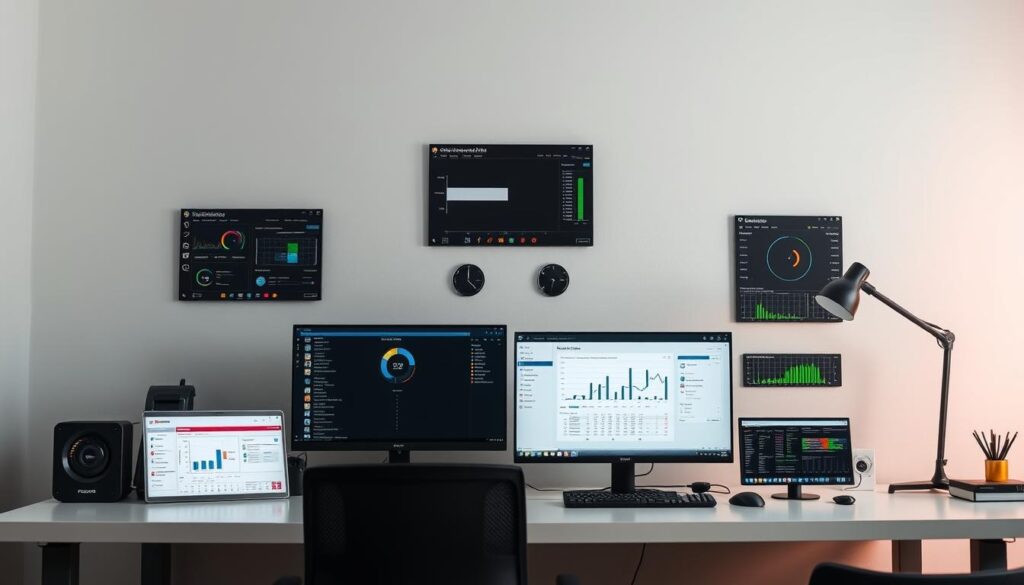 A well-lit office desk showcasing an array of GPU diagnostic tools, including hardware monitors, stress test software, and benchmarking applications. The tools are arranged in a grid layout, each with clear icons and labels. The desk surface is clean and minimalist, allowing the tools to take center stage. The lighting is soft and diffused, creating a professional and informative atmosphere. The background is a subtle gradient, gently directing the viewer's focus to the diagnostic tools in the foreground.