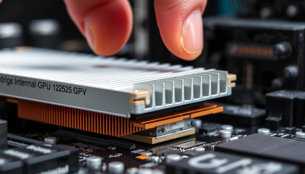 Close-up shot of a GPU heatsink being carefully removed from a computer's motherboard. The heatsink's aluminum fins and copper base are visible, along with the thermal paste interface between the heatsink and GPU chip. The scene is well-lit, showcasing the intricate details of the heatsink and the precision required for this delicate operation. The background is slightly blurred, emphasizing the focal point of the heatsink removal process. The overall mood is one of focus and attention to detail, reflecting the care and caution needed when disassembling sensitive computer hardware.
