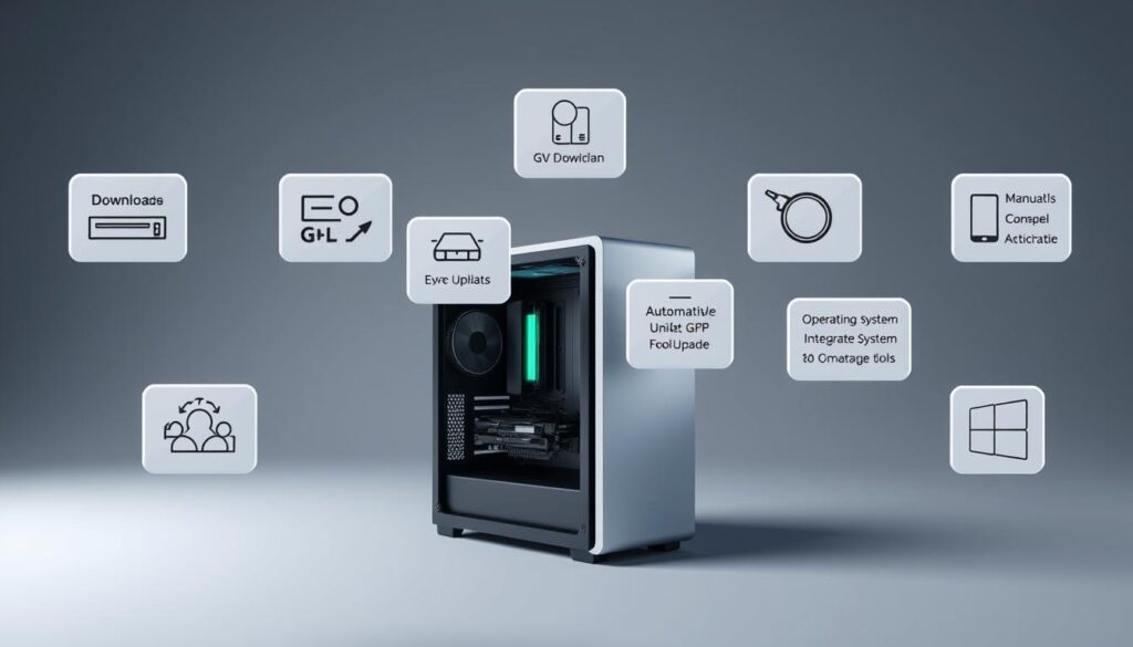 Detailed 3D illustration of multiple methods for updating graphics drivers, showcased in a clean, minimalist style. Prominently displayed in the foreground, a sleek desktop computer with an open case, revealing the internal GPU. Surrounding it, various interaction methods float in midair, including manual driver downloads, automatic update utilities, and operating system-integrated update tools. Subtle ambient lighting creates depth and highlights the technical components. The overall tone is informative and visually striking, perfectly suited to illustrate the "How to Install and Update GPU Drivers" section.