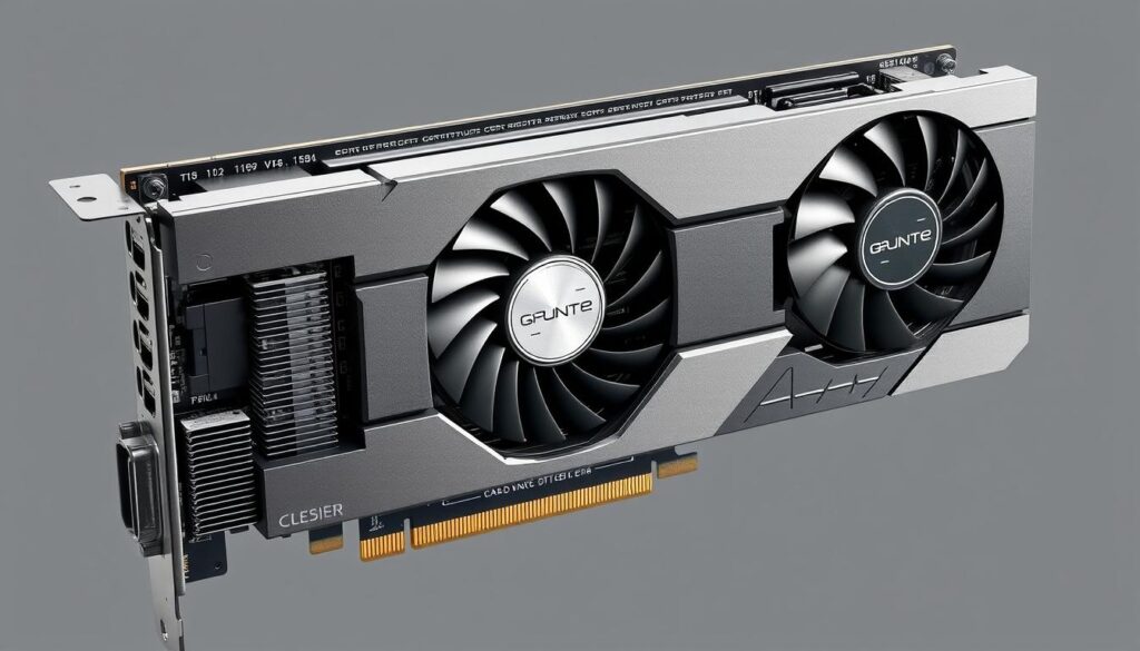 Detailed cross-section of a modern graphics card, showcasing its core components. A sleek, minimalist design with clean lines and a muted color palette. The GPU chip takes center stage, surrounded by intricate heatsinks, cooling fans, and memory modules. Emphasis on the physical interconnections between the card and the motherboard, highlighting the PCIe slot and power connectors. Subtle textures and materials like metal, plastic, and circuit boards create a visually engaging, technically-focused illustration. Crisp lighting from multiple angles to accentuate the 3D structure and technical details. An informative, engineering-oriented depiction suitable for an educational article on GPU removal and motherboard components.