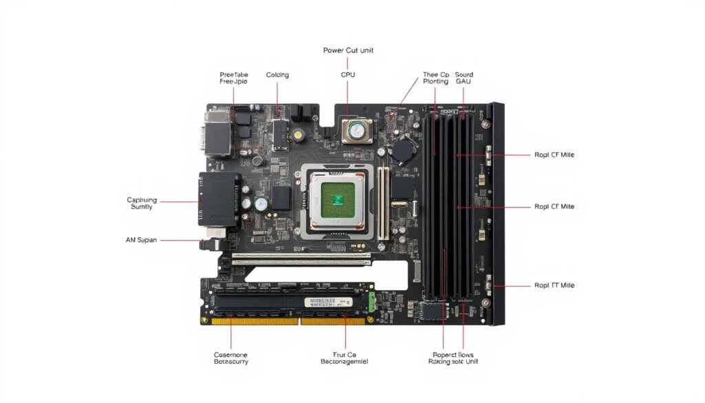 a detailed technical diagram of computer hardware components, including a central processing unit (CPU), a graphics processing unit (GPU), RAM modules, a motherboard, and power supply unit (PSU), arranged in a clear and organized layout to illustrate their compatibility and interconnectivity, captured with a high-resolution camera lens under bright, evenly distributed studio lighting to showcase the intricate details and precise dimensions of each component, against a neutral background that allows the components to stand out and be the primary focus of the image.