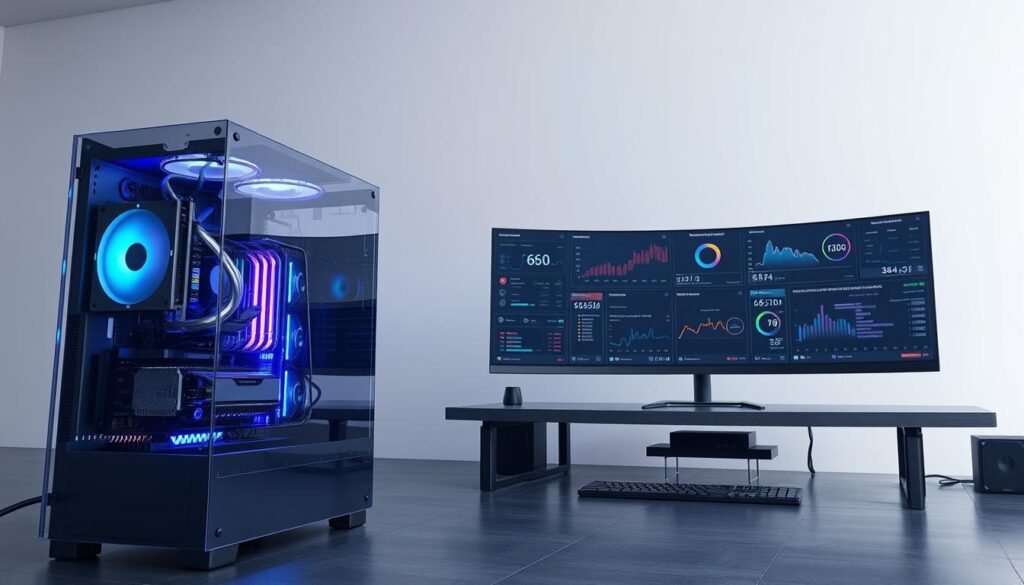 a highly detailed, photorealistic, digital illustration of a PC performance optimization setup. in the foreground, a transparent glass case showcases the internal components of a high-end gaming PC, including a powerful GPU, CPU, RAM, and liquid cooling system. the components are illuminated by cool-toned RGB lighting, creating a sleek, futuristic aesthetic. in the middle ground, various PC diagnostic and benchmarking tools are displayed on a curved ultrawide monitor, with graphs and charts showing real-time performance metrics. in the background, a minimalist, high-tech environment with clean lines and a muted color palette, suggesting a modern, professional workspace. the overall scene conveys a sense of technical expertise, precision, and the ability to fine-tune a system for optimal performance.