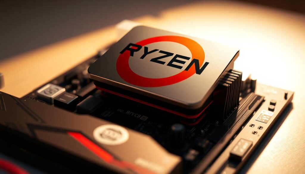 A close-up rendering of a Ryzen 3600 CPU, with a matte silver heatspreader and vibrant red accents. The processor is sitting atop a sleek, black motherboard, casting a subtle shadow. The lighting is warm and directional, highlighting the intricate surface details and the processor's angular design. The depth of field is shallow, keeping the CPU in sharp focus while blurring the background, conveying a sense of technical precision and high-end performance.
