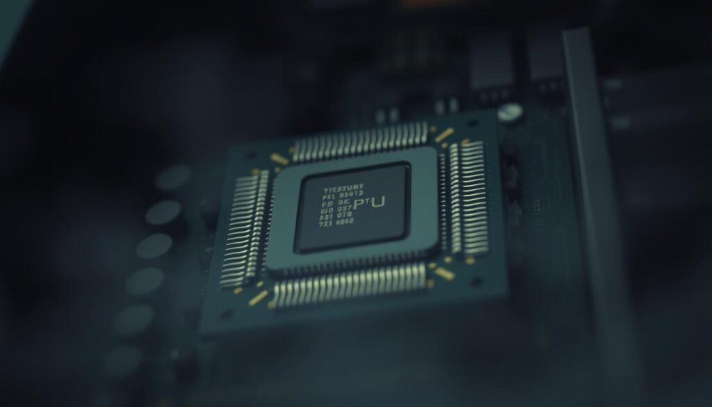 A close-up view of a computer processor (CPU) under high load, surrounded by a hazy, blurred background. The CPU chip is rendered in intricate detail, showcasing its complex architecture and heat sinks. The overall lighting is slightly dim, casting shadows and highlights that accentuate the CPU's components. The scene conveys a sense of strain and performance limitations, suggesting the CPU is being pushed to its limits, potentially causing a bottleneck in the system's overall performance.