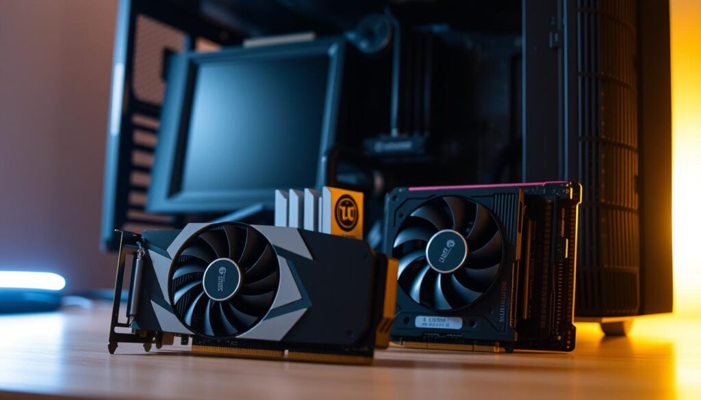 A contemporary desktop computer setup with a focus on high-performance components. In the foreground, a powerful GPU with intricate cooling fans and sleek housing. Beside it, a CPU heatsink and fan unit, highlighting the processor's capabilities. In the middle ground, modular RAM sticks in a complementary color scheme, conveying the importance of memory. In the background, a high-resolution display showcasing a clean, minimalist design. The overall scene is illuminated by a warm, directional light source, creating a sense of depth and professionalism. The atmosphere is one of technological prowess and attention to detail, befitting a setup intended for demanding workloads and gaming.