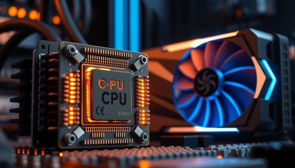 A detailed close-up illustration showcasing the complex interplay between a powerful CPU and GPU. The CPU, represented by an advanced microprocessor, dominates the foreground, its intricate architecture and heat sink illuminated by warm lighting. In the background, the GPU emerges, a sleek, angular design radiating a cool, electric blue glow. The two components are positioned in an antagonistic yet symbiotic arrangement, suggesting the delicate balance required to unlock optimal performance. The scene is captured with a shallow depth of field, emphasizing the technical nuances and the subtle tension between these vital computing elements.