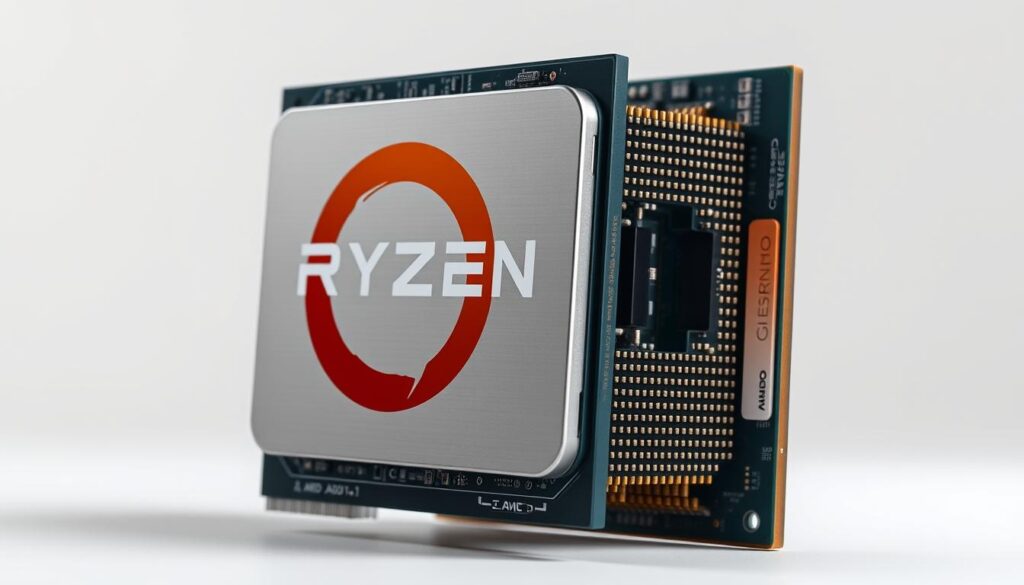 A detailed, close-up rendering of an AMD Ryzen 5600X processor. The CPU is portrayed in a high-quality, well-lit studio setting, with a clean, white background. The image captures the intricate details of the processor's design, including the heat spreader, socket pins, and subtle branding. The lighting is soft and diffused, accentuating the metallic sheen and complex circuitry of the Ryzen 5600X. The angle showcases the processor in an elevated, three-quarter view, allowing for a comprehensive examination of its technical specifications and capabilities. The overall mood is one of precision, power, and technical sophistication, reflecting the performance and optimization potential of this CPU for PC gaming and productivity workloads.