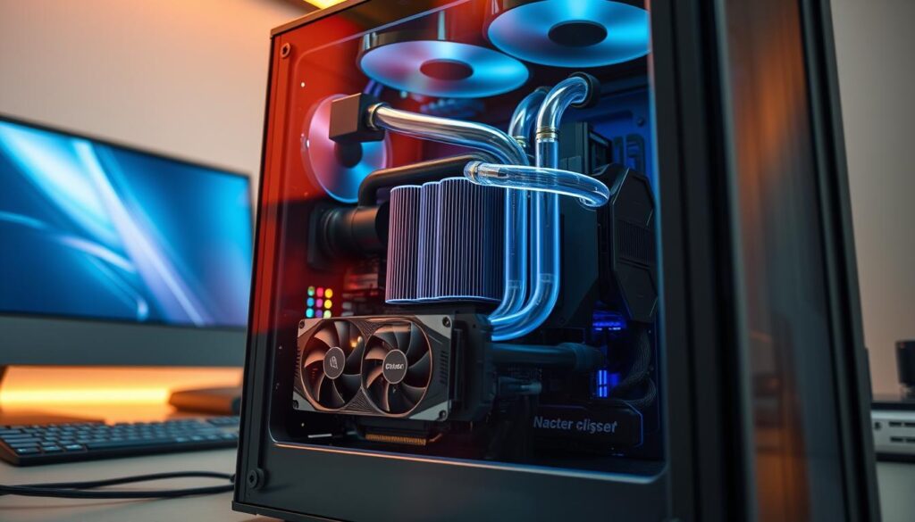 A detailed cross-section of a gaming PC's interior, showcasing the optimization of a GPU's cooling system. In the foreground, a high-performance GPU with expertly routed liquid cooling pipes, radiator, and fans, all meticulously arranged to maximize heat dissipation and airflow. The middle ground features a sleek, minimalist PC case with a tempered glass side panel, allowing a clear view of the internal components. The background depicts a modern, well-lit workstation setting, with a subtle chromatic hue reflecting off the metallic surfaces, creating a professional, technical atmosphere. The lighting is soft yet directional, highlighting the intricate details of the cooling solution and emphasizing the GPU's centrality within the system.