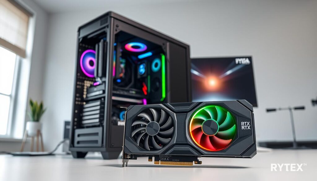 A detailed, high-resolution render of a computer workstation with a powerful GeForce RTX graphics card. The scene features a modern desktop PC tower with intricate cooling solutions and RGB lighting effects. In the foreground, an RTX GPU is prominently displayed, its heatsink and fans meticulously detailed. The desktop is shown in a clean, minimalist office setting with neutral colors and subtle lighting, emphasizing the GPU's capabilities. The composition highlights the optimization and performance potential of the RTX card when paired with a Ryzen 5 3600 CPU, without the need for hardware upgrades.