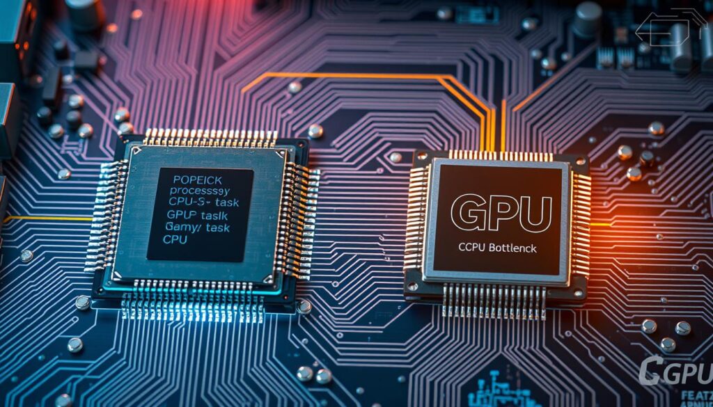 A detailed schematic diagram depicting a CPU bottleneck. In the foreground, a powerful CPU chip is shown, its processing cores saturated with tasks, representing the CPU's maximum capacity. In the middle ground, a GPU chip is also present, waiting to receive data from the CPU but unable to fully utilize its processing power due to the CPU bottleneck. The background features a complex circuit board, symbolizing the interconnected system components. The scene is lit by a warm, technical glow, conveying the inner workings and energy of the system. The composition emphasizes the imbalance between the CPU and GPU, illustrating how the CPU's limitations can constrain the overall system performance.