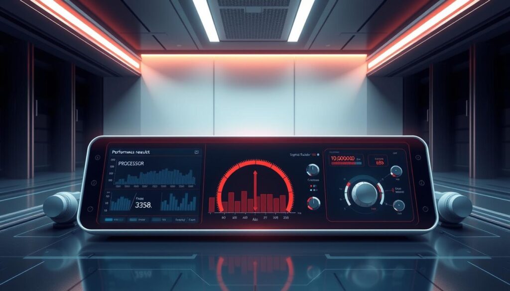 A detailed, technical illustration of a bottleneck calculator result, showcasing a sleek, modern user interface. The foreground depicts a high-resolution display panel displaying performance metrics, processor utilization, and system bottlenecks. The middle ground features precision-engineered dials, gauges, and sliders that allow the user to fine-tune system parameters. The background is a minimalist, high-tech environment with clean lines, subtle lighting, and a sense of technological sophistication. The overall mood is one of precision, control, and the ability to optimize system performance with the help of this advanced diagnostic tool.