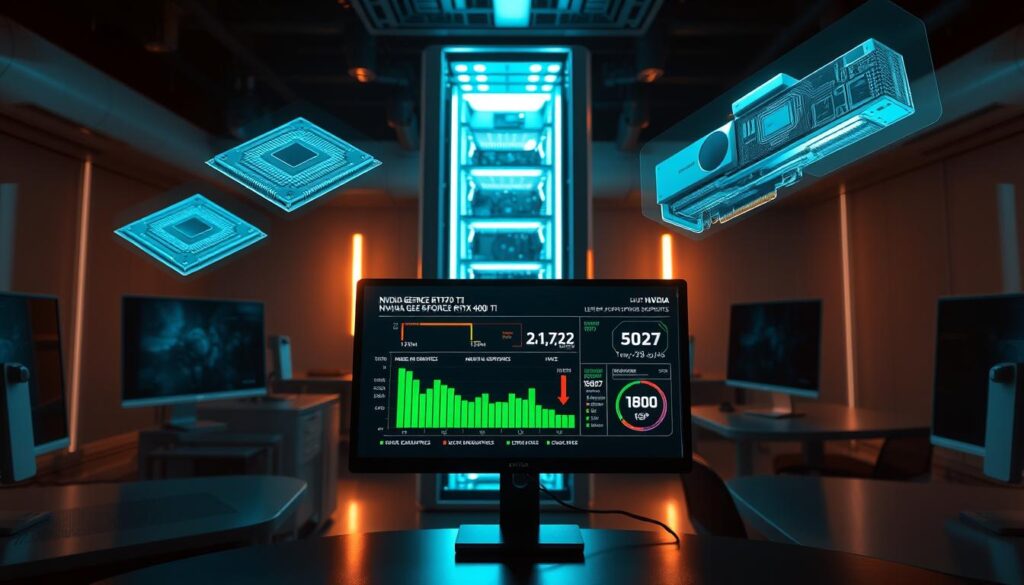 A dimly lit, futuristic computer lab with sleek, silver workstations and holographic displays. In the foreground, a high-resolution monitor displays performance metrics and benchmarks, showcasing the capabilities of a powerful NVIDIA GeForce RTX 4070 Ti graphics card. The background features a towering, glass-enclosed server rack, casting a soft, blue glow across the scene. Intricate circuit diagrams and 3D-rendered GPU models float in the air, creating an atmosphere of advanced technology and cutting-edge innovation. The lighting is cool and precise, emphasizing the technical nature of the task at hand - interpreting performance results at 1080p and 1440p resolutions.