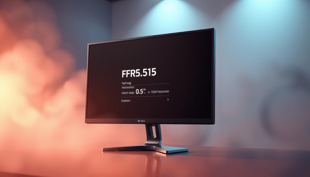A dynamic, high-resolution display showcasing a detailed 3D rendering of a computer monitor with a focus on the refresh rate and resolution settings. The monitor is centrally positioned, bathed in a warm, directional lighting that accentuates its sleek, modern design. The background blurs subtly, drawing the viewer's attention to the display's technical specifications. Subtle reflections on the monitor's surface create a sense of depth and realism. The overall composition conveys a sense of technological sophistication, perfectly suited to illustrate the optimization of an RTX 3080 Ti graphics card.