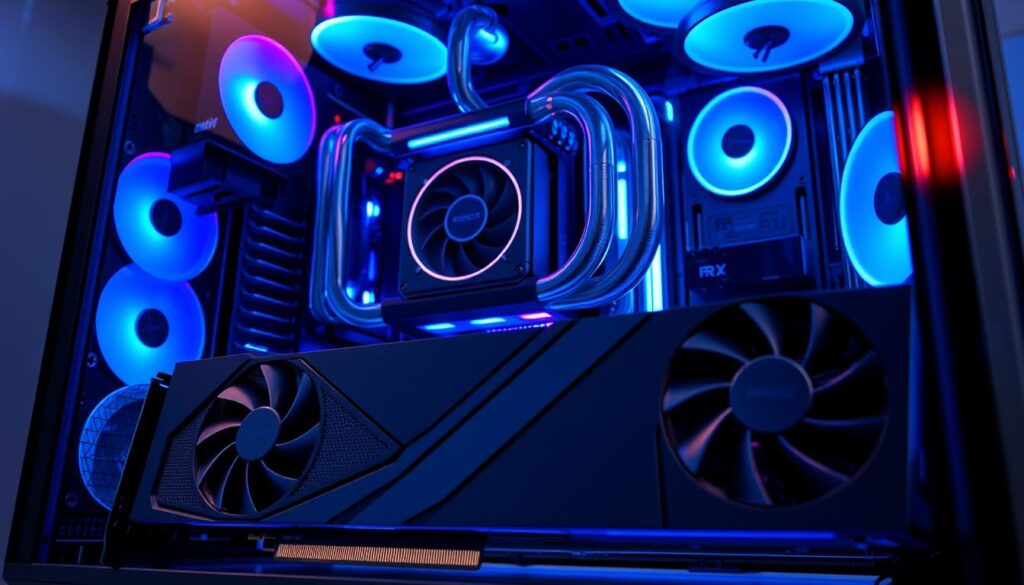 A high-end gaming PC with a sleek, modern design. In the foreground, a powerful GeForce RTX 5070 Ti graphics card, its intricate cooling system and angular design capturing the eye. The middle ground features a state-of-the-art CPU cooler, its liquid-cooled pipes snaking around the system. In the background, a tempered glass case showcases the pristine cable management and RGB lighting, creating an immersive, futuristic atmosphere. The entire build is bathed in a cool, blue-tinted lighting, emphasizing the advanced hardware components. The scene conveys a sense of cutting-edge technology and performance, perfectly suited for the "Smart hardware pairing for GeForce RTX 5070 Ti builds" section.