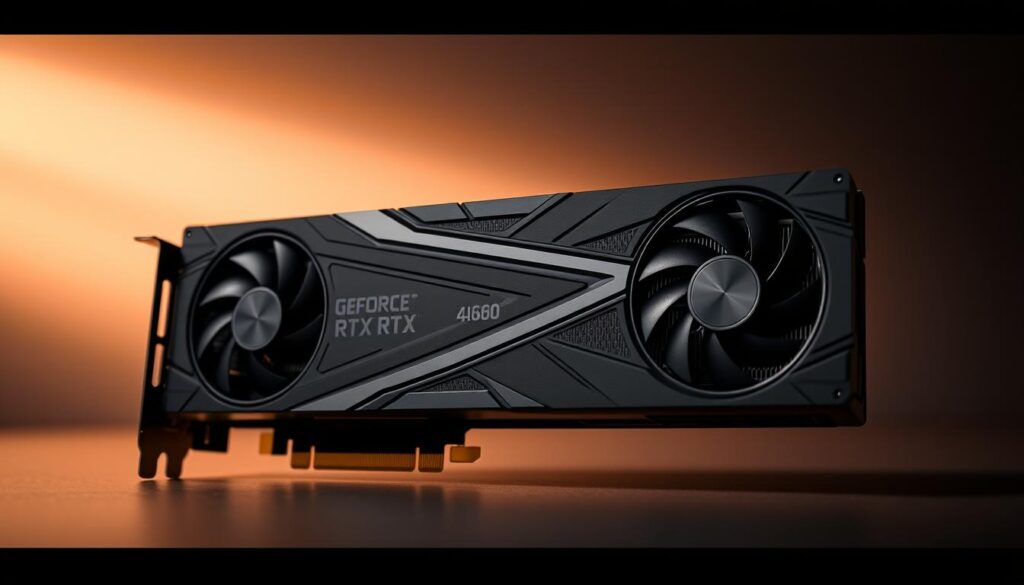 A high-performance GeForce RTX 4060 graphics card, sleekly designed with angular accents and a bold, striking aesthetic. The card is presented in a well-lit, studio-style setting, with a subtle, warm lighting that emphasizes its clean lines and premium construction. The background is subtly blurred, keeping the focus on the GPU itself, which is presented from a slightly low angle to convey a sense of power and capability. The overall mood is one of technological sophistication and cutting-edge performance, hinting at the potential of this graphics solution to deliver a superb gaming experience.