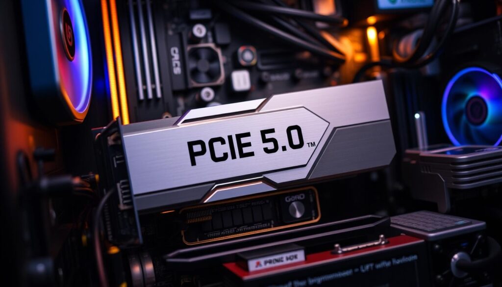 A high-performance desktop setup with a cutting-edge PCIe 5.0 expansion slot, showcasing the latest advancements in data transfer speeds and bandwidth. The slot is highlighted against a sleek, minimalist motherboard layout, emphasizing its central role in enabling ultra-fast communication between components. Surrounding the PCIe 5.0 slot, computer components like graphics cards, storage drives, and cooling systems are arranged in a clean, organized manner, creating a visually appealing and technically impressive scene. Subtle ambient lighting casts a warm glow, highlighting the precision engineering and attention to detail. The overall impression conveys the power and potential of the latest PCIe standard, ready to unleash the full performance potential of modern hardware.