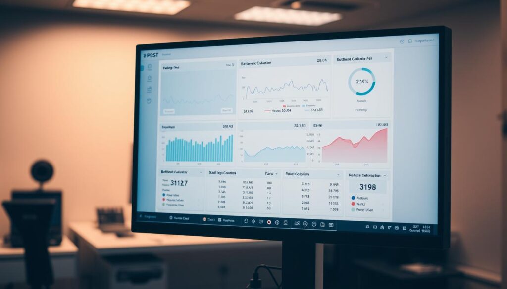 A high-quality, detailed computer screen displaying various statistics and graphs, illuminated by a soft, warm lighting that creates a professional, technical atmosphere. The screen is positioned prominently in the foreground, with a clean, minimalist desk and workspace visible in the middle ground. The background is blurred, creating a subtle, unobtrusive backdrop that allows the screen to be the focal point. The screen's resolution and technical specifications are clearly visible, showcasing the information needed to understand the "bottleneck calculator" and its results.