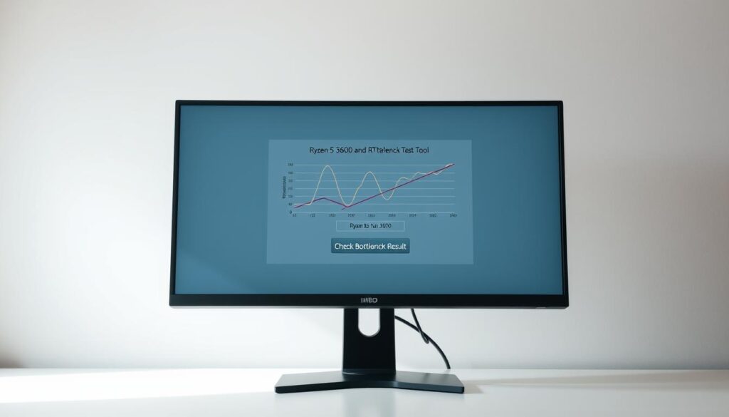 A high-quality image of a computer monitor displaying a "Ryzen 5 3600 and RTX 3070 Bottleneck Test Tool" user interface. The screen shows a clear graph with data points and a prominent "Check Bottleneck Result" button. The monitor is situated on a minimalist desk, with a neutral-colored background creating a clean, professional atmosphere. Subtle lighting from the side casts a soft glow on the screen, highlighting the details. The composition emphasizes the centrality of the monitor and the simplicity of the setup, conveying a sense of focus and functionality.