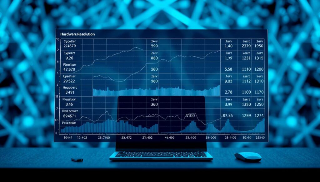 A high-resolution 4K rendering of a computer hardware performance chart, displaying a grid of metrics and benchmarks organized by screen resolution. The chart is backlit with cool blue hues, creating a technical and scientific atmosphere. The foreground features precise data visualizations, with lines, curves, and numerical values illustrating the complex relationship between resolution, GPU power, and overall system performance. The middle ground showcases a sleek, minimalist desktop environment, with a laptop, mouse, and keyboard visible, suggesting the practical application of the performance data. The background blurs into an abstract, geometric pattern, evoking a sense of depth and the complexity of modern computing.