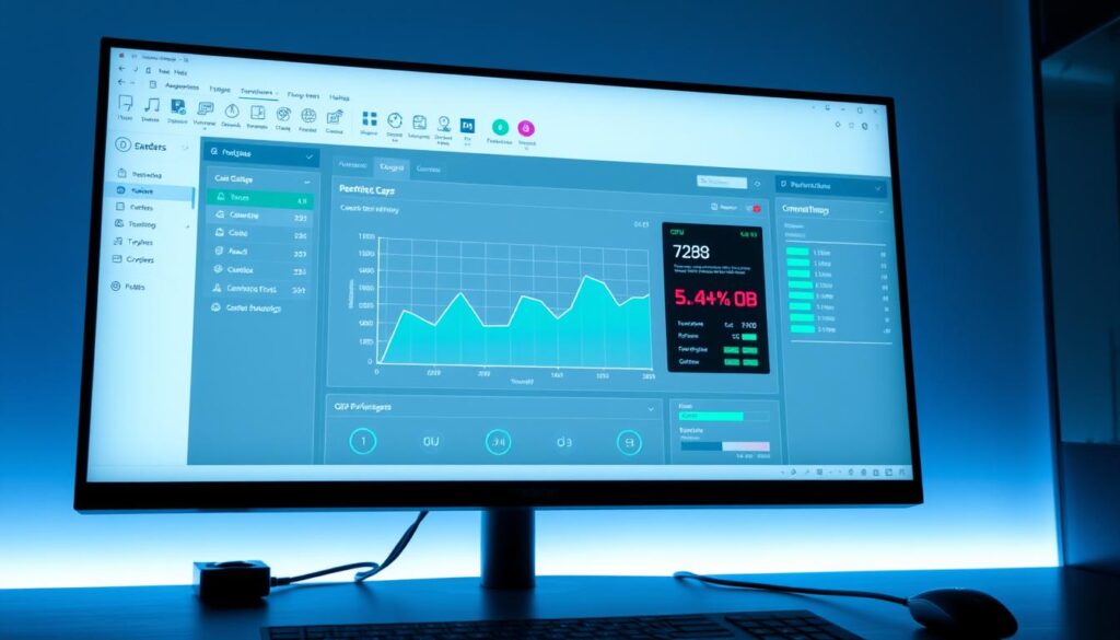 A high-resolution computer screen displays a comprehensive software interface for analyzing GPU performance. The screen shows a sleek, minimalist dashboard with intuitive controls and visualizations. The interface features a central graph charting CPU and GPU utilization, framed by a clean, modern layout with subtle lighting accents. The screen is bathed in a cool, technical color palette, conveying a sense of precision and analytical focus. The overall scene evokes a professional, research-oriented atmosphere, suitable for illustrating a tutorial on optimizing a Radeon RX 580 graphics card.
